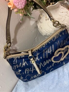 Vintage y2k Coach Navy Script Shoulder Bag with Heart Accent